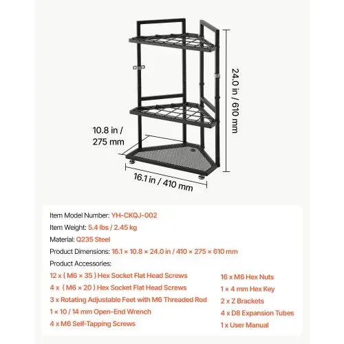 VEVOR Gartengeräte Ständer 410x275x610mm Gerätehalter für Ecke Schwarz, Aufbewahrungsregal für Garage Garten, Organizer aus Stahl für Besen Mopp Rechen, mit Doppelschichtschlitzen & Nivellierfüßen – Bild 6