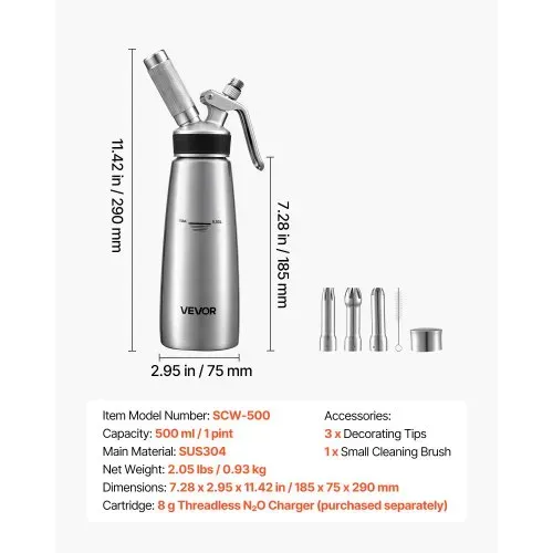 VEVOR Sahnespender-Set 0,5 L Edelstahl Sahnebereiter mit 3 Dekorierdüsen, für Hobbybäcker Cafés, nur für N₂O-Kapseln (Separat Erhältlich), Schlagsahne in 60 Sek., 3 Düsen und Reinigungsbürste inkl. – Bild 6