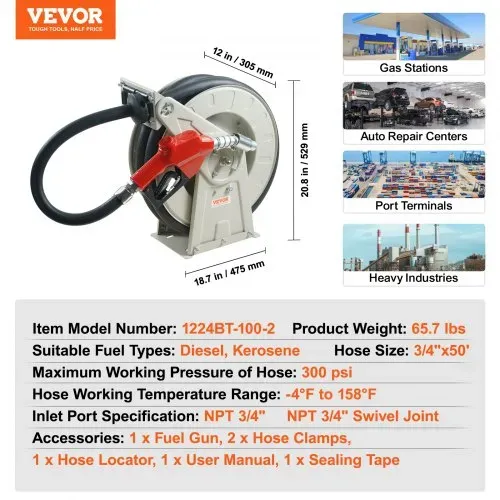 VEVOR Kraftstoffschlauchaufroller, einziehbarer Dieselschlauchaufroller, 3/4 Zoll x 152,4 cm, automatische Betankungsdüse – Bild 6