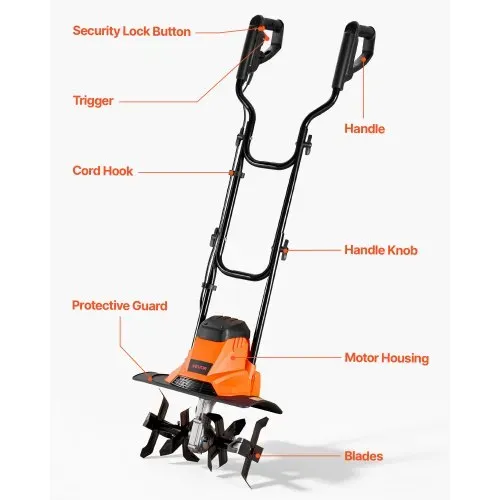VEVOR Elektro Bodenhacke 36 cm Arbeitsbreite, 22 cm Arbeitstiefe, 1200 W Motorhacke, Bodenkrümler, Kultivator mit Stahlzinken & Klappbarem Führungsholm, Gartenfräse für Rasen-, Hof- & Gartenpflege – Bild 5