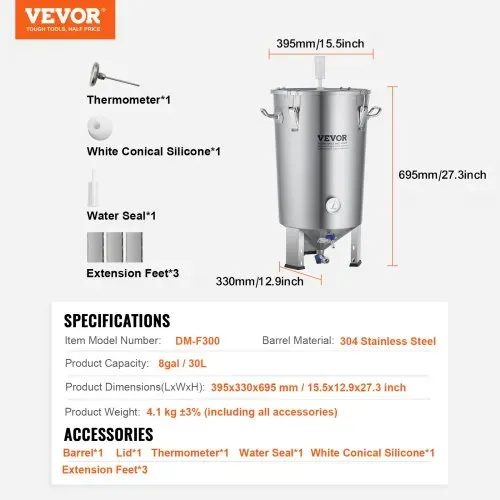 VEVOR Bierbrauanlage Bierbraugerät Edelstahl 30 L Bierfermenter, Braueimer-Fermenter zum Brauen, Heimbrauzubehör mit Sockel, Kessel-Suppentopf inkl. Deckel, Griff, Ventil, Zapfhahn – Bild 6