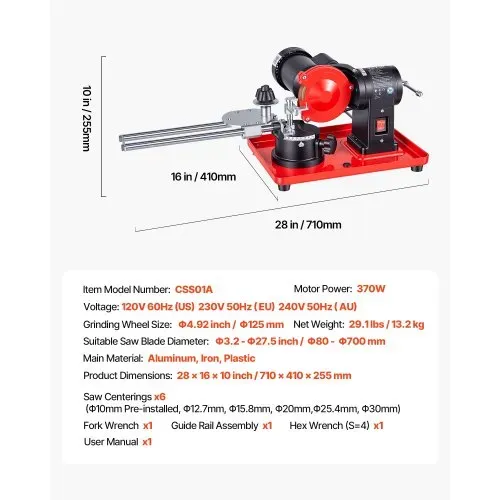 VEVOR 370W Sägeblattschärfgerät, 2890 U/min Kreissägeblattschleifer mit 125 mm Schleifscheibe, Elektr. Schärfmaschine mit Einstellwinkel für 80-700 mm Sägeblätter, Blattschärfer für Holzbearbeitung – Bild 6