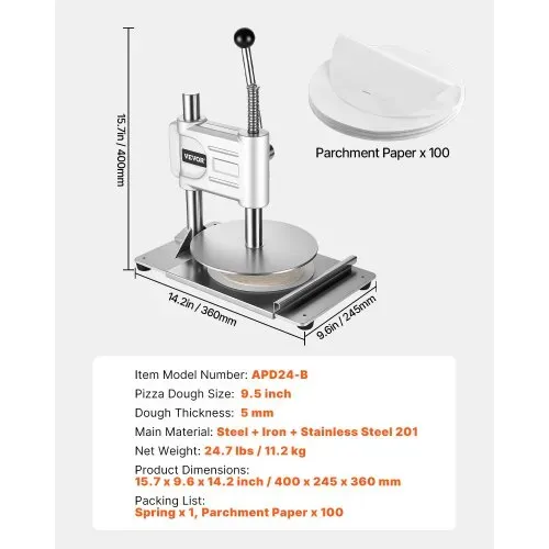 VEVOR manuelle Pizzateigpresse 241,3 mm Gebäck-Pressplatte, Brotpresse aus Edelstahl, kommerzieller Chapati Presse, 5 mm Dicke Formmaschine mit Griff & 100 Stk. Pergamentpapier, Pizza-Teigrolle – Bild 6