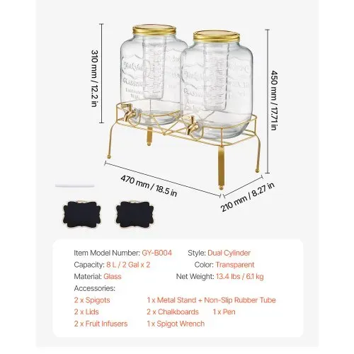 VEVOR Getränkespender (2 x 8 L) für Partys Saftspender (aus Glas) mit tropfsicherem Zapfhahn & Metallständer Wasserspender für Restaurants Partys, Limonade Eistee selbstgemachte Getränke Spender – Bild 6