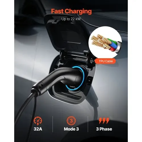VEVOR EV Ladekabel, 32 A, 10 m, max. 22 kW, Verlängerungskabel, kompatibel mit Typ-2-Ladegeräten für Elektrofahrzeuge, 3-Phasen-Wechselstrom, 480 V, 50 Hz, IP65, Autoladekabel mit Tragetasche – Bild 3