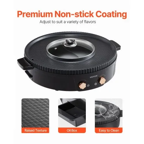 VEVOR Hot Pot mit Grill 1800 W 2 in 1 elektrischer rauchfreier Grill, koreanischer BBQ-Grill Feuertopf mit separater doppelter Temperaturregelung, antihaftbeschichtete Pfanne, für 2–8 Personen – Bild 4