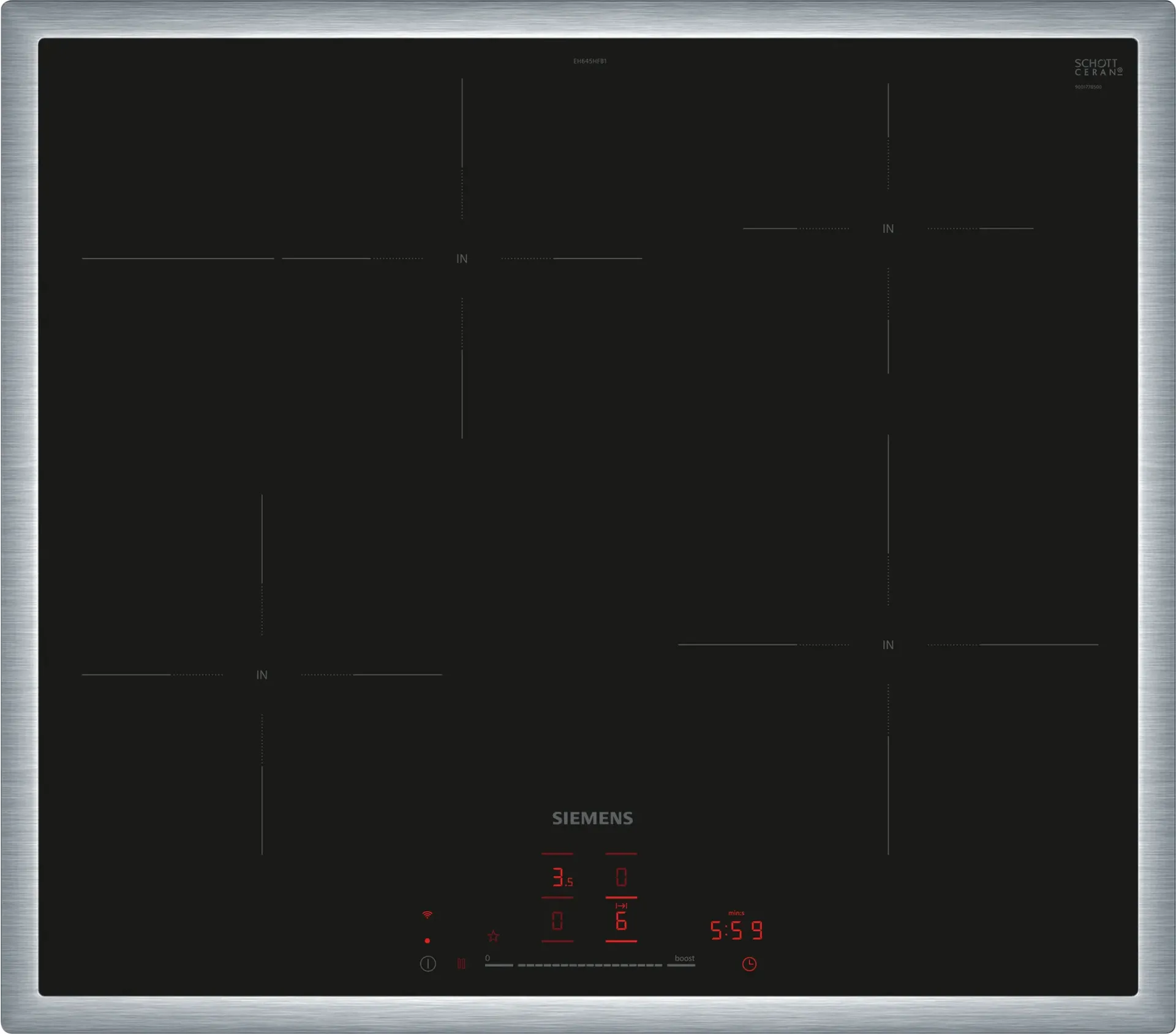 Siemens iQ300 EH645HFB1E Kochfeld Schwarz Integriert 60 cm Zonen-Induktionskochfeld 4 Zone(n) Siemens iQ300 EH645HFB1E Kochfeld Schwarz Integriert 60 cm Zonen-Induktionskochfeld 4 Zone(n)