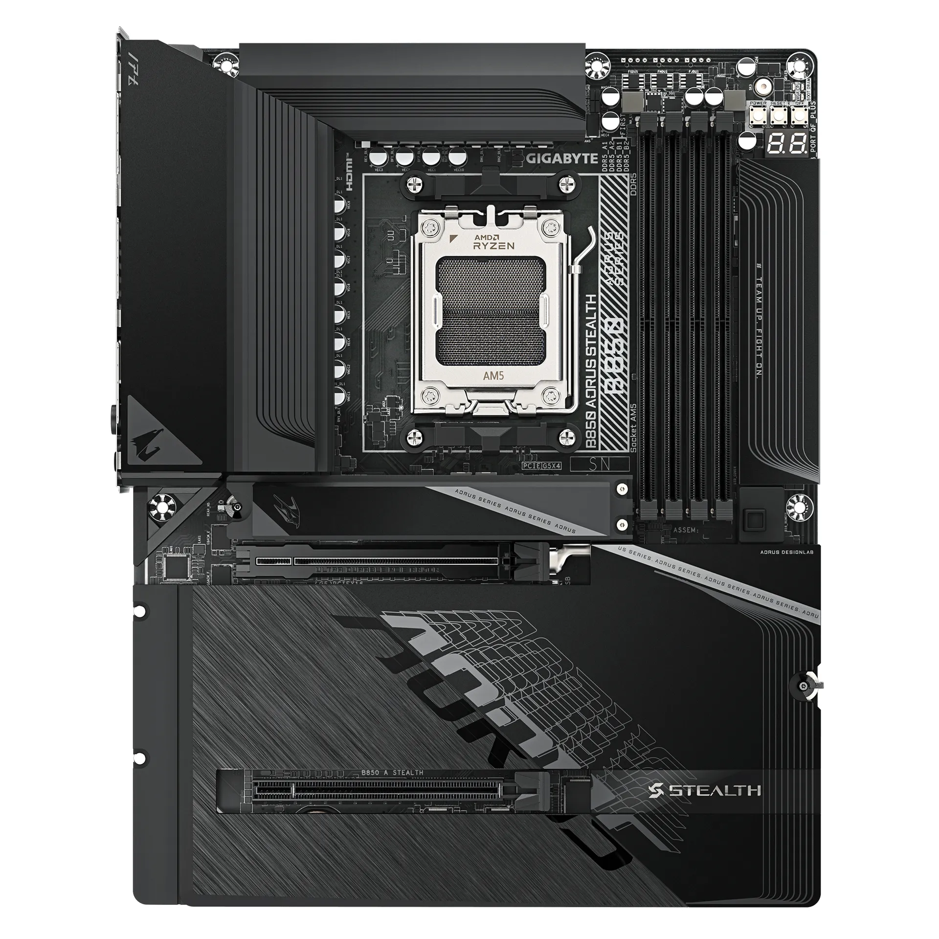 GIGABYTE B850 AORUS STEALTH Mainboard – AMD Ryzen 9000 Series CPUs, digitales 14+2+2-Phasen-VRM, bis zu 8200 MHz DDR5 (O.C.), 2× PCIe-5.0-M.2 + 2× PCIe-4.0-M.2, Wi-Fi 7, 5-GbE-LAN, USB 3.2 Gen 2 – Bild 2