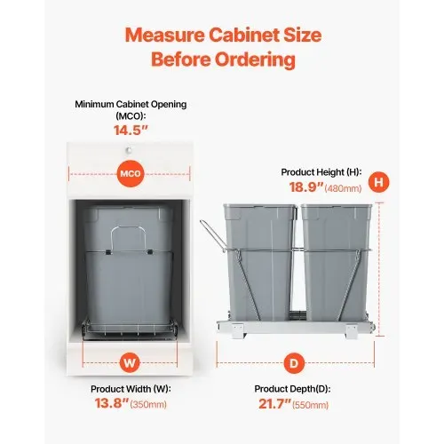 VEVOR ausziehbarer Mülleimer (35 Qt + 35 Qt) für Küchenschränke, doppelter Mülleimer unter der Spüle, Müllbehälter für unter die Spüle, mit robustem Vollauszug-Schiebesystem aus Metall & Griff – Bild 3