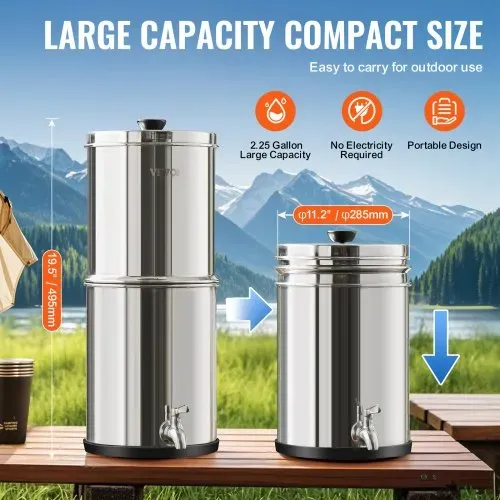 VEVOR Schwerkraft Wasserfiltersystem Edelstahl Arbeitsplattensystem 7 L + 8,5 L Wasserfiltrationssystem, reduziert Blei und bis zu 99 % Chlor, mit 2 Kohlefiltern & Zapfhahn, Camping Wohnmobil Zuhause – Bild 4