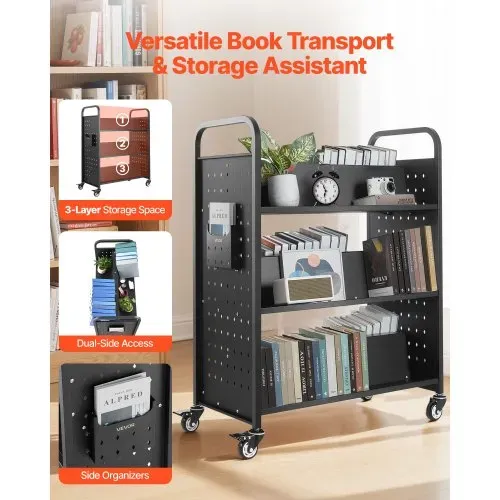 VEVOR Bücherwagen, 159 kg Tragkraft, Bibliothekswagen, 970x515x1225 mm, doppelseitiges W-förmiges Bücherregal mit Doppelbremsrollen, Abräumwagen für Wohnzimmer, Büro, Schule, Schwarz VEVOR Bücherwagen, 159 kg Tragkraft, Bibliothekswagen, 970x515x1225 mm, doppelseitiges W-förmiges Bücherregal mit Doppelbremsrollen, Abräumwagen für Wohnzimmer, Büro, Schule, Schwarz