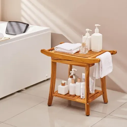 VEVOR Duschbank aus Teakholz, 56 x 36 x 47 cm, wasserdichter Duschhocker aus Holz mit Ablagefläche, Griff und rutschfesten Füßen, maximale Tragkraft 136 kg, für Badezimmer im Innen- und Außenbereich – Bild 7