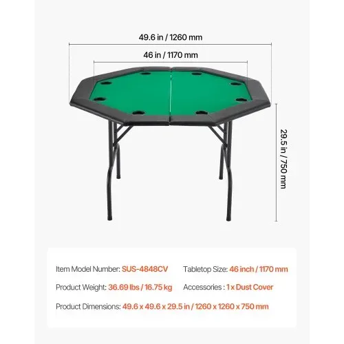VEVOR klappbarer Pokertisch für 8 Spieler (126 cm) Kasino-Freizeittisch mit gepolsterten Schienen & Getränkehaltern, achteckige tragbare Spieltische mit Filz- und Metallbeinen, Texas Hold’em Poker – Bild 6