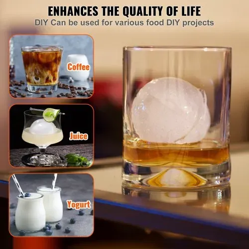 VEVOR Eiswürfelbereiter Eiswürfelformen Satz 60 mm, Eiswürfelform Eiskugelform mit Tropfschale & Eiszange & Glas, Strapazierfähige Eiswürfelformen Eiswürfelbehälter Silber Whisky, Americano – Bild 5