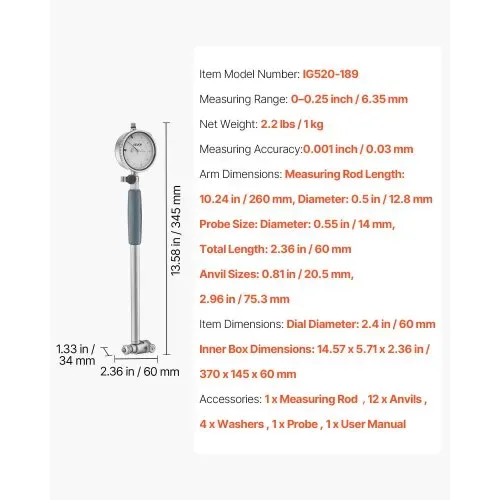 VEVOR Innendurchmesser Messuhr Set, Messuhr mit 0,03 mm Genauigkeit, 0-6,35 mm Bohrungsmessgerät, Bohrungslehre mit Stange, Aufbewahrungskoffer, Ambosse für industrielle Bearbeitungsmessungen – Bild 6