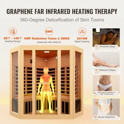 VEVOR Ferninfrarot-Holzsauna, Sauna-Spa für Zuhause, für 3 bis 4 Personen, Niedrige EMF-Ferninfrarot-Sauna aus Hemlockholz mit gehärteter Glastür & Bluetooth-Lautsprechern & Farblichttherapie, 2470 W für den Innenbereich – Bild 2