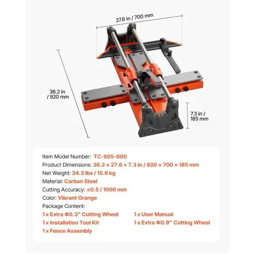 VEVOR Fliesenschneider 600 mm, Fliesenschneidmaschine mit Verschiebbarem Schneidkopf & Federbelasteter Basis, Winkelanschlag, Wolframkarbid-Trennscheibe, Ausrichthilfe, für Keramikfliesen – Bild 6