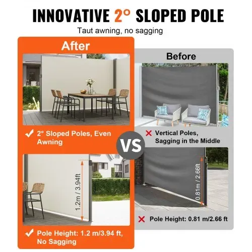 VEVOR Seitenmarkise 200 x 600 cm Seitenwandmarkise aus 180 g/m² Polyestergewebe mit PU-Beschichtung Markise einziehbarer Griff mit Federmechanismus Sichtschutz Blickschutz für Balkone Innenhöfe Beige – Bild 2