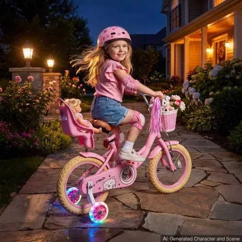 VEVOR Kinderfahrrad für 3-5 Straßenfahrrad 14 Zoll mit Stützrädern Rosa, Kinderrad für Mädchen, Kohlenstoffstahlrahmen, Doppelbremsen, Verstellbarer Sitz, mit Puppensitz & Korb, Prinzessin-Stil – Bild 7