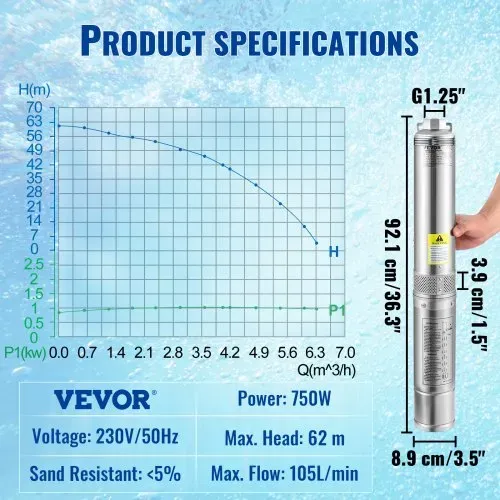 VEVOR 88 mm Tiefbrunnenpumpe 750W Brunnenpumpe 105L/min Tauchpumpe max. Förderhöhe 62m Rohrpumpe 230V 50Hz Sandpumpe IP68 Wasserpumpe 11 Laufradstufen Pumpe Ideal zur Bewässerung oder Wasser-Versorgung – Bild 6