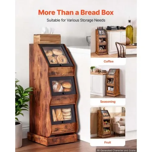 VEVOR Brotkasten Freistehend Brotschrank mit vier Rollen aus MDF Braun Ideal für Bagels, Muffins & Selbstgebackenes Brot, Einschiebbare Klapptüren mit Griffen, Transparentem Acrylfenster, 3 Ebenen – Bild 4