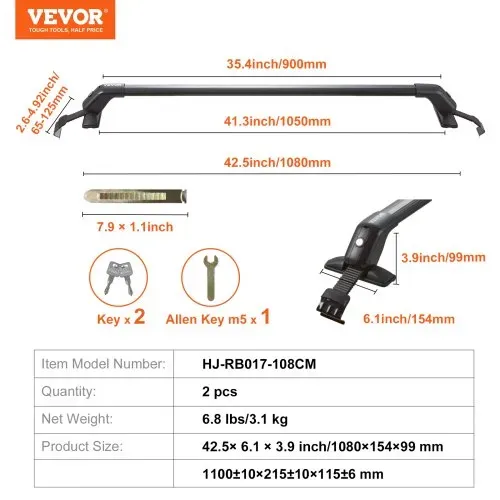 VEVOR Dachträger Dachgepäckträger Auto Querträger 2 Stk. Dachträger 70,3kg Tragfähigkeit, Geeignet für PKW Abstand zwischen Dachrinnen 105-109cm, Abstand von Dachrinnen zu Fenstern 6cm – Bild 6