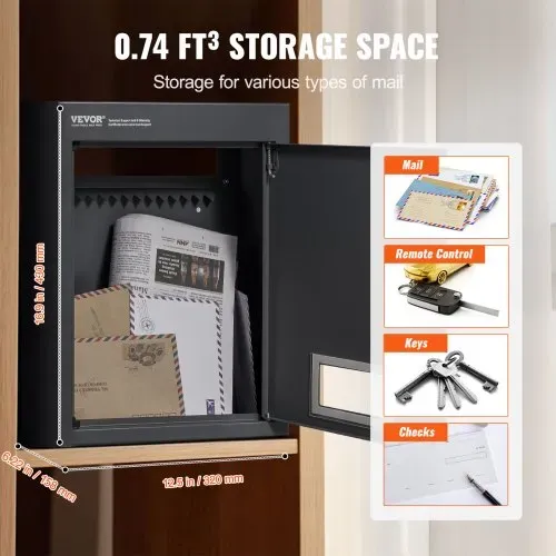 VEVOR Mauerdurchwurf Briefkasten, robuster Einbaubriefkasten aus Stahl für Wände mit einer Dicke von 70 bis 200 mm, Zahlenschloss, 320 x 158 x 430 mm Briefkasten, schwarz – Bild 2