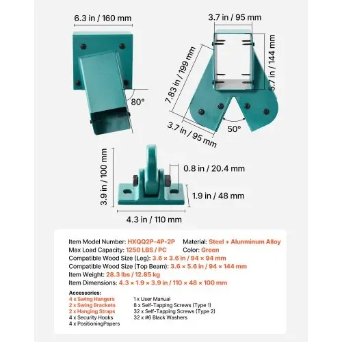 VEVOR 8 Stk. Schaukelhalterung Set, Schaukelbefestigung inkl. 2 A-Form Schaukelverbinder für 94x144 mm Balken 94x94 mm Beine 4 Schaukelhaken & 2 Schaukelsitz, Befestigungsmaterial für Schaukel Outdoor – Bild 6