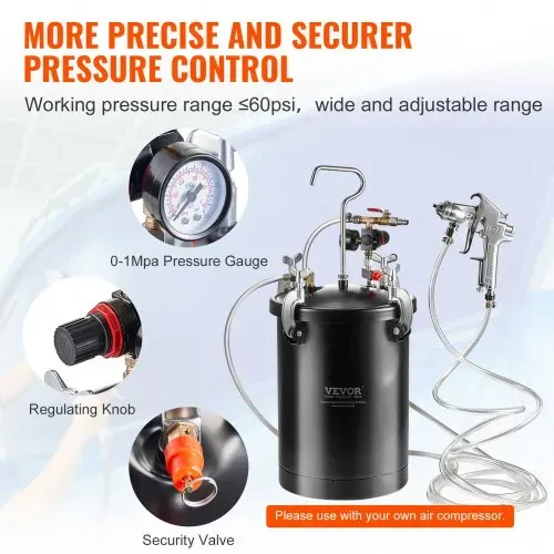 VEVOR Druckbehälter für Sprühfarbe, 15 L Druckbehälter, 60 psi einstellbarer Druck, Stahl-Druckbehälter-Farbbehälter mit Spritzpistole, Schläuchen, Druckmesser, für Heimdekoration, Industrielackierung – Bild 4