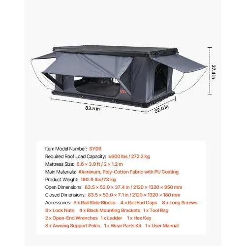 VEVOR Autodachzelt Hartschalen für 2-3 Personen, Campingzelt aus Aluminium mit Dreifarbiger LED-Beleuchtung & 2 Fenstern, Wasserfest & Windicht, für Jeep SUV Pickup 212 x 132 x 95 cm (Aufgeklappt) – Bild 6