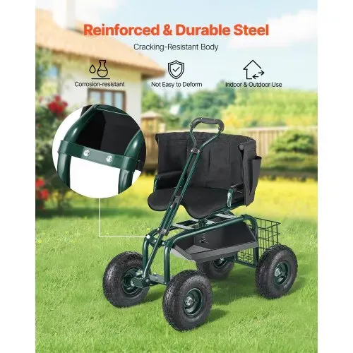 VEVOR Mobiler Gartensitz 810x480x690/770 mm, Gartenrollsitz mit höhenverstellbarer & um 360° drehbarer Sitzfläche, Tragkraft 180 kg, Rückenlehne & Werkzeugaufbewahrung, für Garten, Hof, Terrasse – Bild 5