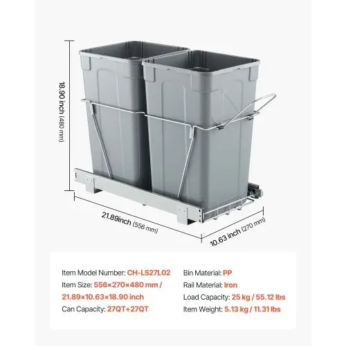 VEVOR ausziehbarer Mülleimer 27 Qt + 27 Qt für Küchenschränke, doppelter Mülleimer unter der Spüle, untermontierter Abfallbehälter, mit robustem Vollauszug-Schiebesystem aus Metall & Griff – Bild 6