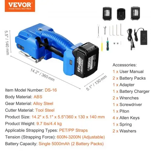 VEVOR Elektrische Umreifungsmaschine, für 0,35"-0,63" PP-PET-Bänder, tragbares elektrisches Umreifungswerkzeug mit Digitalanzeige, 2 x 5000 mAh batteriebetriebenes automatisches Umreifungswerkzeug für Verpackungskartonpaletten – Bild 6