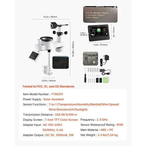 VEVOR 7-in-1 WLAN-Wetterstation, 7-Zoll-TFT-Display, solarbetriebener Außensensor, Wettercenter zur Wettervorhersage, Windgeschwindigkeit, Windrichtung, Temperatur, Luftfeuchtigkeit, Niederschlag – Bild 5