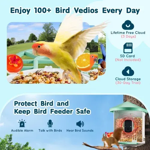 VEVOR Intelligenter Vogelfutterspender mit Kamera, 2K HD KI identifiziert über 10.000 Vogelarten, solarbetriebene Vogelbeobachtungskamera mit automatischer Aufnahme und sofortiger Benachrichtigung, kabelloses Outdoor-Geschenk für Vogelliebhaber (2 Solarmodule) – Bild 2