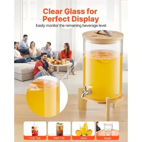 VEVOR Getränkespender (1 x 8 L) für Partys Saftspender (aus Glas) mit tropfsicherem Zapfhahn & Holzständer, Wasserspender für Restaurants Partys, Limonade Eistee selbstgemachte Getränke Spender – Bild 3