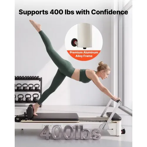 VEVOR Pilates Reformer Gerät Klappbar 221 x 69 x 83 cm Aluminiumlegierung für Heimgebrauch & Fitnessstudio, mit Jumpboard, Sitzbox, Verstellbarer Kopfstütze und Leisem Schlittenlauf, 181 kg Belastbar – Bild 4