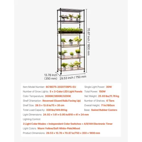 VEVOR Pflanzenregal mit Wachstumslicht, 6-stufiger Pflanzenständer mit Rädern und 4/9/14-Stunden-Timer, 150 W 3-Farben-Vollspektrum-Lichter, Blumenregal für die Samenanzucht, 75x35x180 cm – Bild 6