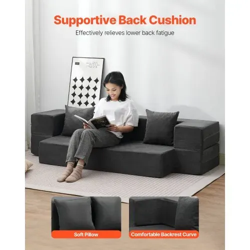 VEVOR 3 in 1 Klappsofa faltbares Schlafsofa mit 3 Kissen & waschbarem Bezug, umwandelbarer Schlafsessel aus 25D Memory Foam, Couch für Wohnzimmer Schlafzimmer, Hellgrau (TWIN /1030x1930x225mm) – Bild 3