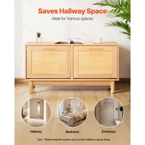 VEVOR Schuhregalbank Schuhbank (100 x 30 x 53 cm), Rattan-ähnliche Eingangsbank mit 2 Klappschubladen, Schuhregal mit 4 Fächern & 2 Rattantüren (136 kg belastbar), für Flur Wohnzimmer Schlafzimmer – Bild 4