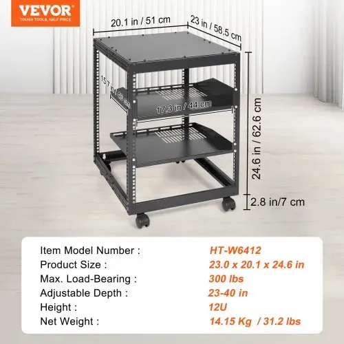 VEVOR 12U-Server-Rack mit offenem Rahmen 58.5-101.6cm verstellbare Tiefe freistehender/wandmontierter Netzwerk-Server-Rack 4-Pfosten-AV-Rack mit Rollen für Ihre gesamte Netzwerk-IT-Ausrüstung AV-Ausrüstung – Bild 6