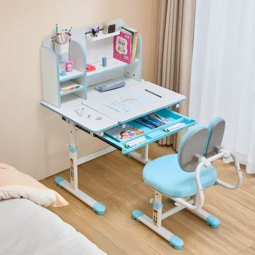 VEVOR Schreibtisch Kinderschreibtisch Arbeitstisch und Stuhl höhenverstellbarer (54-73 cm) belastbarer (100 kg) 0–40° neigbarer Tisch mit Bücherregal für Schlafzimmer Arbeitszimmer Schule Blau – Bild 7