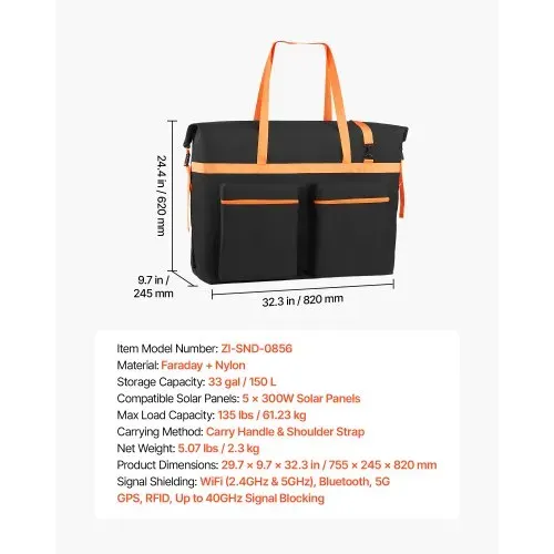 VEVOR Aufbewahrungstasche für 5x 300W Faltbare Solarmodule Schwarz & Orange, Tragbare Solarpanel Tasche für Outdoor Camping Ausflug Wohnmobile, aus Faraday & Nylon, Wasserdicht, mit Signalblockierung – Bild 6