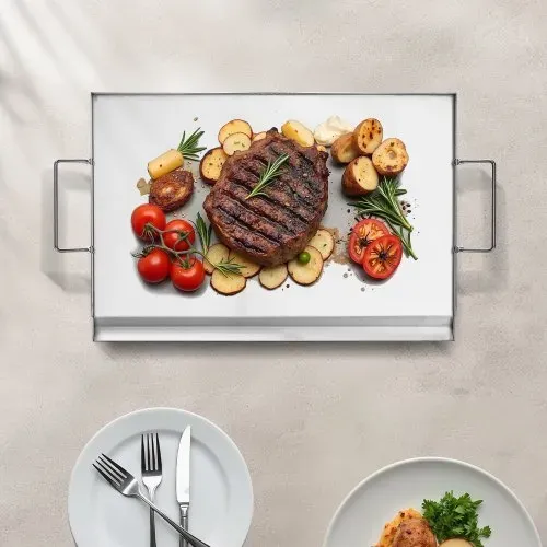 VEVOR Grillplatte Grillpfanne Edelstahl universelle rechteckige Platte (585 x 365 mm) mit flacher Oberseite, Gasgrill-Grillplatte für BBQ-Grill Teppanyaki, tragbares Familienkochgeschirr mit Griff – Bild 7