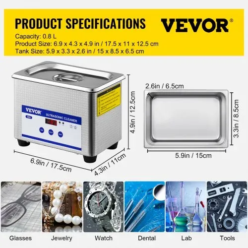 VEVOR Ultraschallreiniger 0,8 L, Ultraschall Reinigungsgerät 40 kHz, Schmuckreiniger Ultraschall 24 W, digitaler Ultraschallreiniger mit LED-Anzeige, Ultraschallreinigungsgerät Brillen Ultraschall – Bild 6