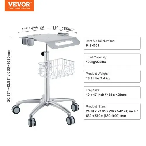 VEVOR Medizinischer Wagen, Salonwagen mit Rädern, Mobiler Rollwagen 68-109 cm Höhenverstellbar, Salonstationen aus Metall für Friseure, Rollender Desktop-Laborwagen für Klinik, Schönheit und Salon – Bild 6