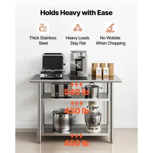 VEVOR Gastronomie Arbeitstisch 1219 x 610 x 864 mm, Edelstahltisch mit 3 Ebenen & Höhenverstellbaren Ablagen Belastbarkeit Top 245 kg & 2 Unterablagen je 204 kg Vorbereitungstisch für Restaurant – Bild 3