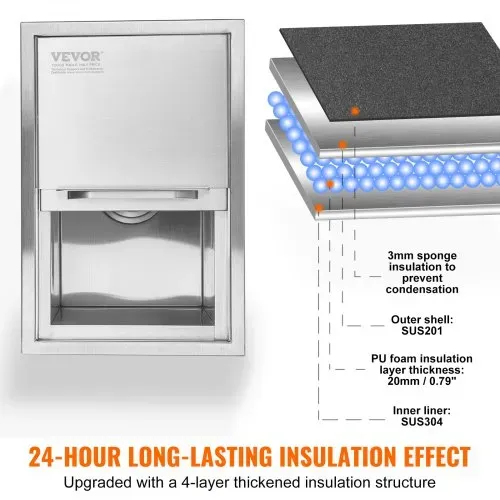VEVOR 26,7 L Drop-in-Eisbox, 456 x 304 x 371 mm Edelstahl-Eiskühler, Kommerzieller Eisbehälter mit Schiebedeckel, Eingebaute Eisspeichertruhe, Abflussrohr & Ablassstopfen im Lieferumfang Enthalten – Bild 2