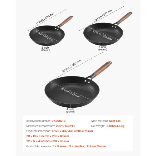 VEVOR Gusseisenpfanne Bratpfannen-Set (205 / 265 / 310 mm), Hochleistungs-Bratpfannen mit abnehmbarem Holzgriff, Kochpfanne, Küchenkochgeschirr, geeignet für Gas Elektro Schwarz – Bild 6