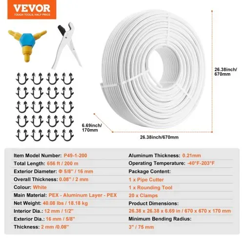 VEVOR Aluverbundrohr Aluminium Mehrschichtverbundrohr 200 m Weiß PEX-Rohr Alu-Mehrschicht-Verbundrohr MV-Rohr Mehrschichtrohr Ideal für Fußbodenheizung und Heizkörper-Anbindung Alu Verbundrohr – Bild 6
